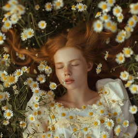 躺在小雏菊花海中的少女美女图片